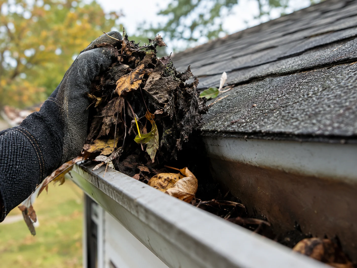 Residential gutter cleaning in progress